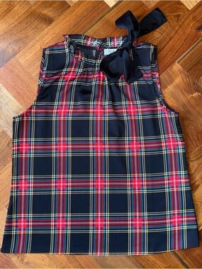 J. Crew Navy and Red Plaid Sleeveless Bow-Neck Top